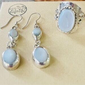 Sterling Silver Pale Blue Opal Earrings and Ring Set